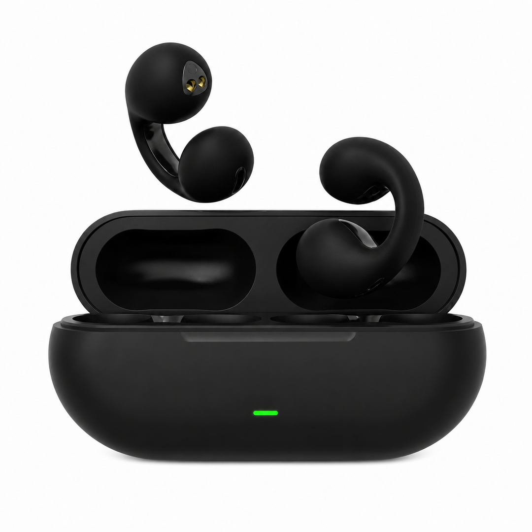 Benledningshovedtelefoner med åben øre teknologi for sikker lytning. Trådløse, fås i sort & hvid.