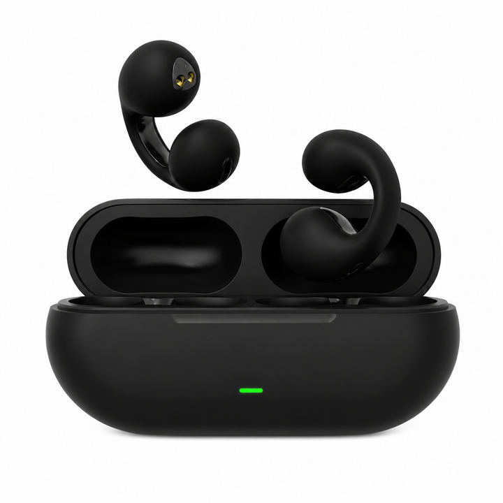 Benledningshovedtelefoner med åben øre teknologi for sikker lytning. Trådløse, fås i sort & hvid.