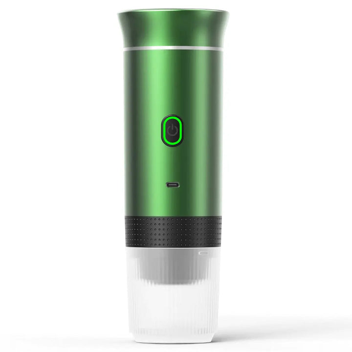 Bærbar, kompakt espressomaskine i sort, USB-opladelig; passer i rygsæk eller håndtaske for mobil kaffenydelse.