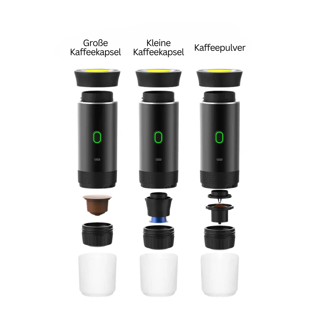Bærbar, kompakt espressomaskine i sort, USB-opladelig; passer i rygsæk eller håndtaske for mobil kaffenydelse.
