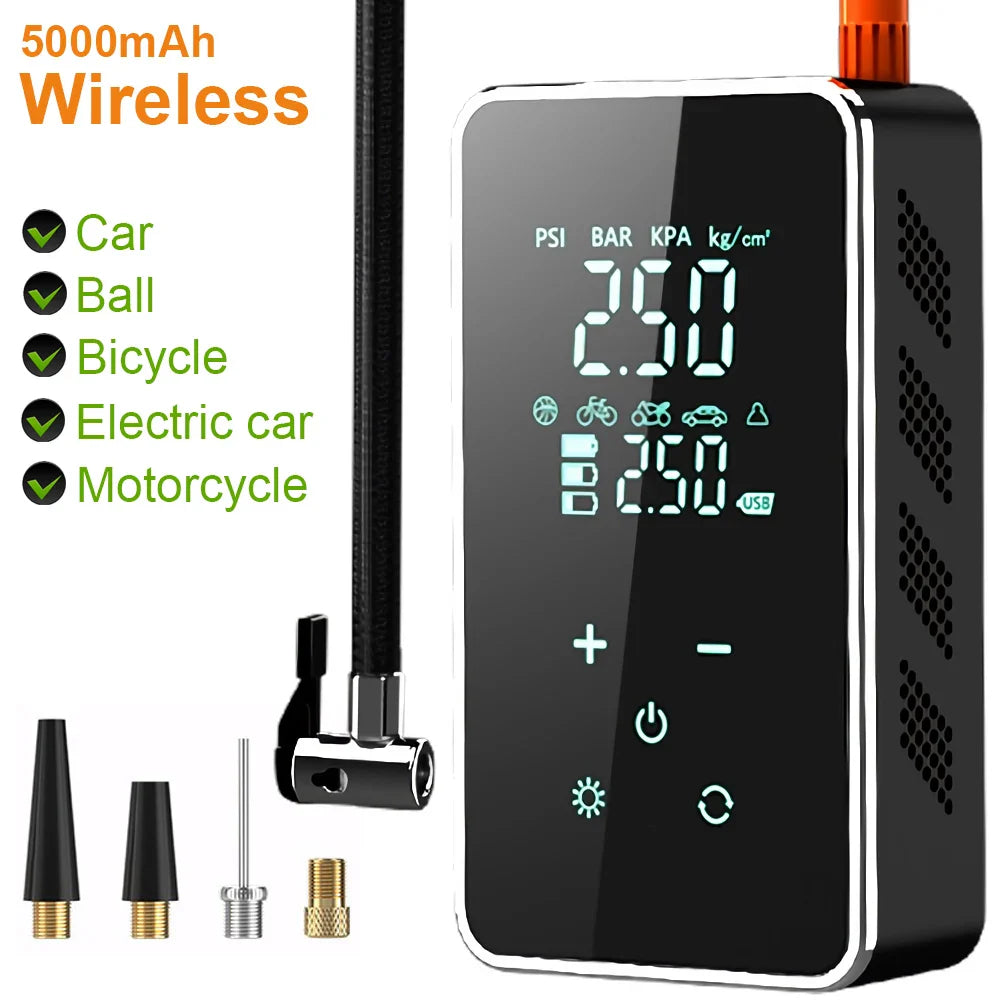Bærbar luftpumpe med touchskærm, 150psi, til bil og cykel, sort, kompakt, LED-lys, brugervenlig