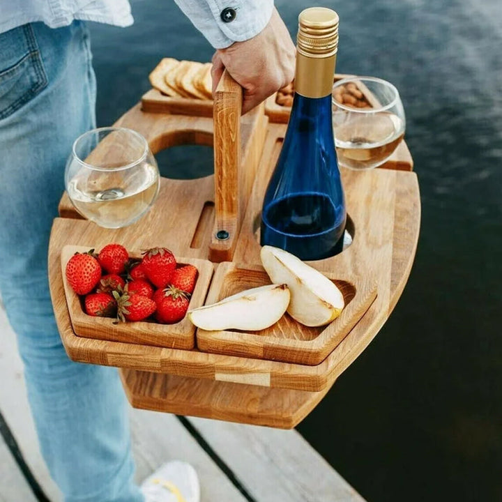 Bærbart træ-picnicbord med glasholdere, snackrum, kompakt sammenklappeligt til vinture.