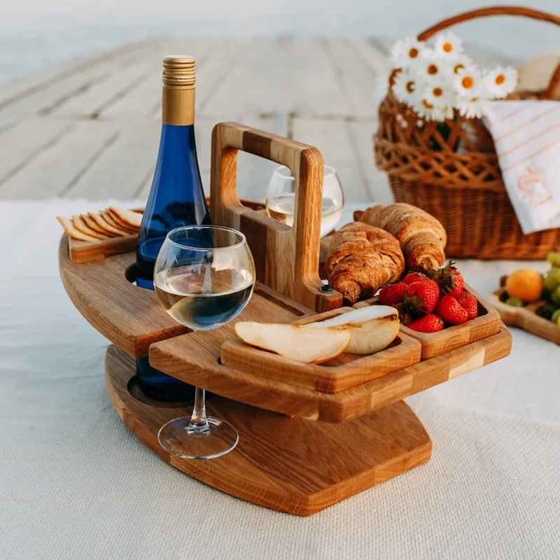 Bærbart træ-picnicbord med glasholdere, snackrum, kompakt sammenklappeligt til vinture.