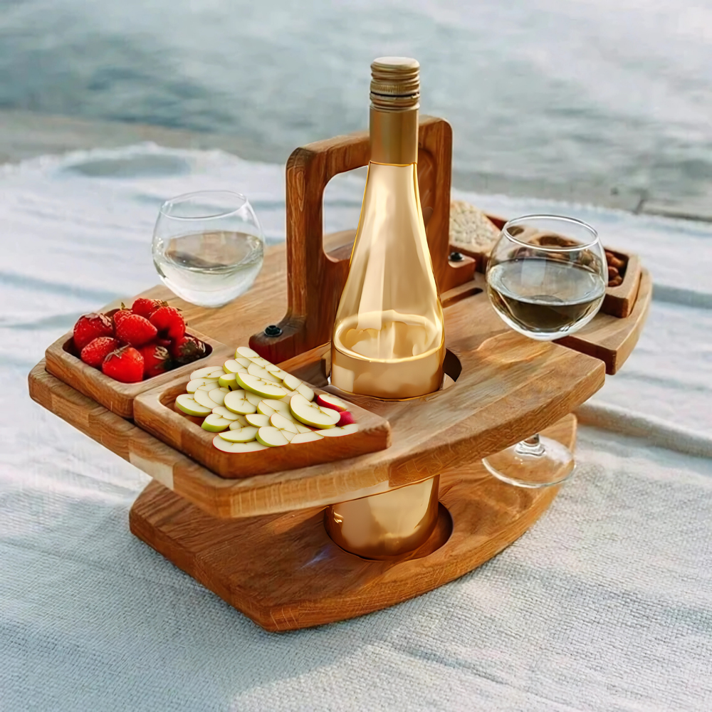 Bærbart trævinsbord til picnic, sammenklappeligt design med snackrum og glasholdere, træ af høj kvalitet