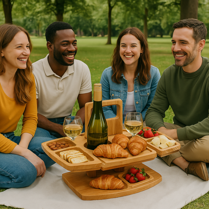 Bærbart trævinsbord til picnic, sammenklappeligt design med snackrum og glasholdere, træ af høj kvalitet