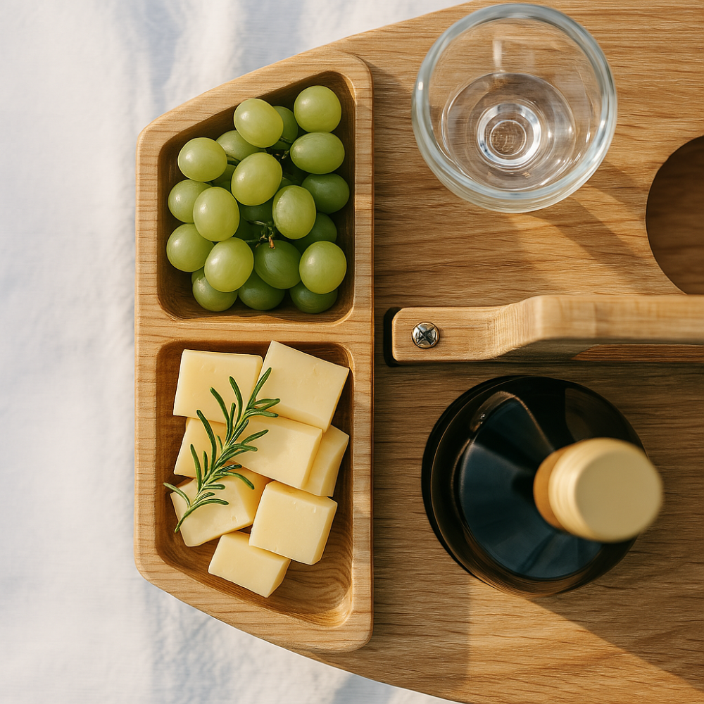 Bærbart trævinsbord til picnic, sammenklappeligt design med snackrum og glasholdere, træ af høj kvalitet