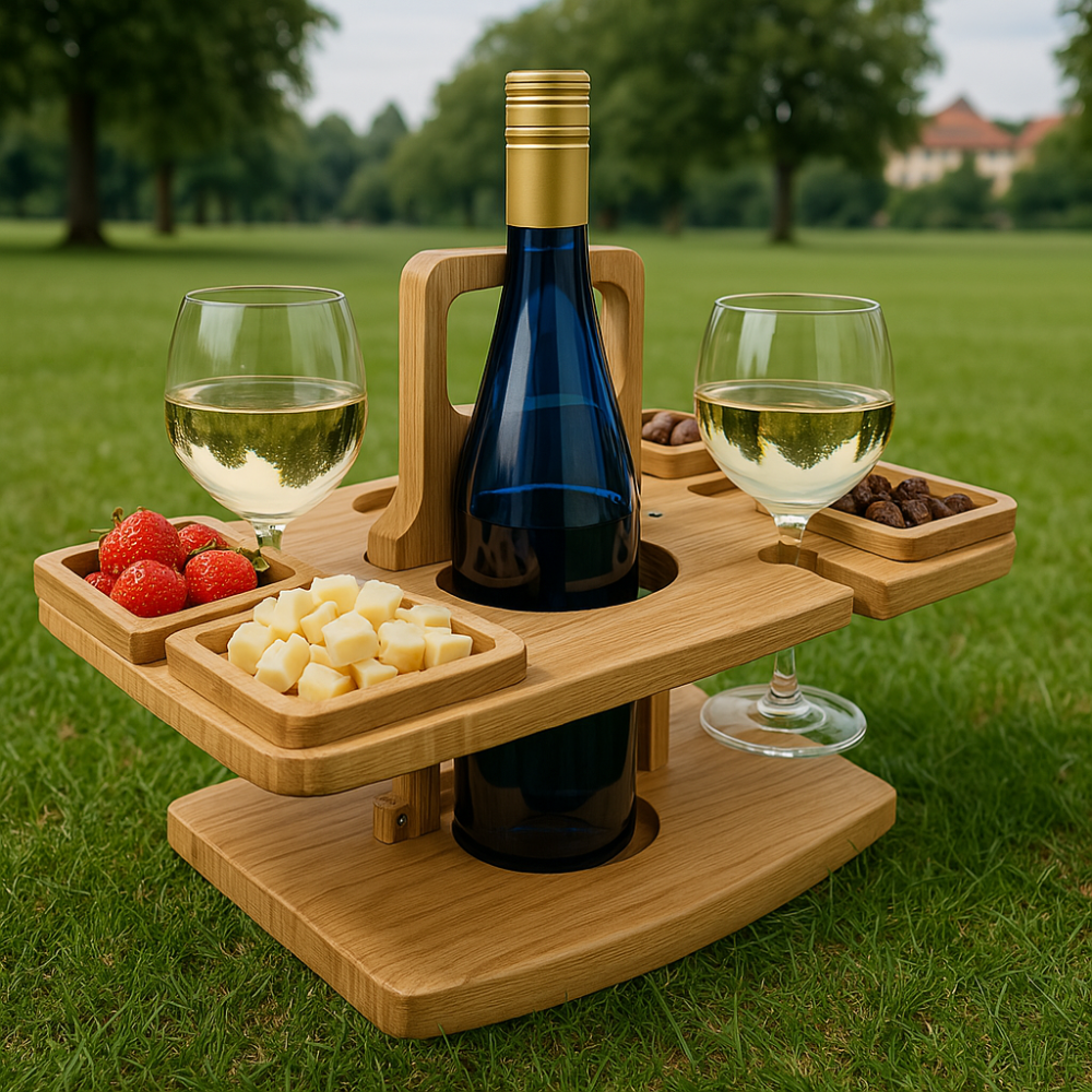 Bærbart trævinsbord til picnic, sammenklappeligt design med snackrum og glasholdere, træ af høj kvalitet