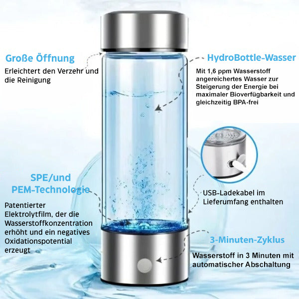 Transparent brintvandflaske med elegant design, for vitalitetsfremmende, antioxidantberiget drikkevand