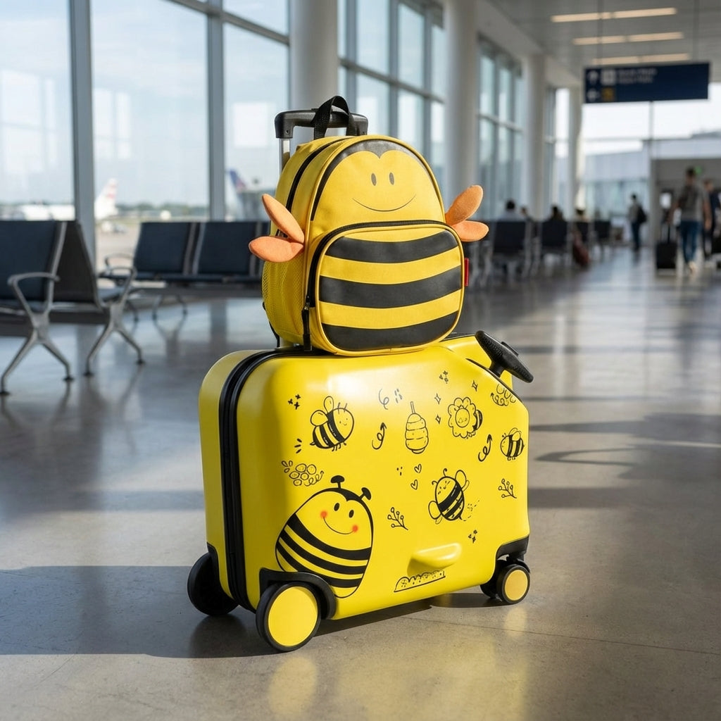 Travelbee 2-i-1 børnekuffertsæt med rygsæk. Praktisk børnebagage til glade rejser og nem ferie for småbørn.