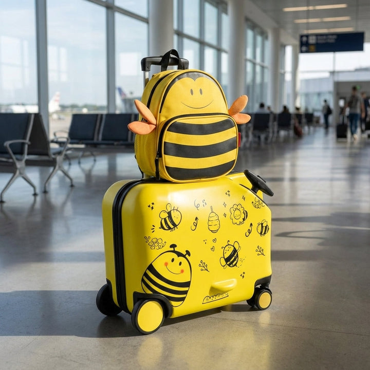 Travelbee 2-i-1 børnekuffertsæt med rygsæk. Praktisk børnebagage til glade rejser og nem ferie for småbørn.