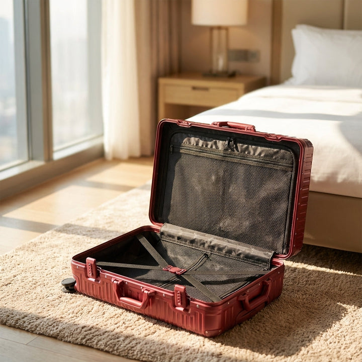 Travelion robust grå rejsekuffert i aluminium med drejehjul og TSA-lås, perfekt til ferie og eventyrrejser.