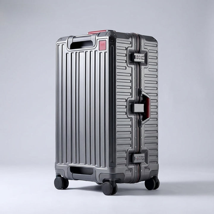 Travelion letvægtskuffert i hvid aluminium med 360° drejehjul for nem manøvrering under rejsen.