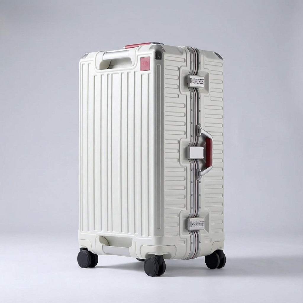 Praktisk Travelion bagage med aluminiumsforstærkning, letvægtsdesign og fire drejehjul for komfortabel rejse.