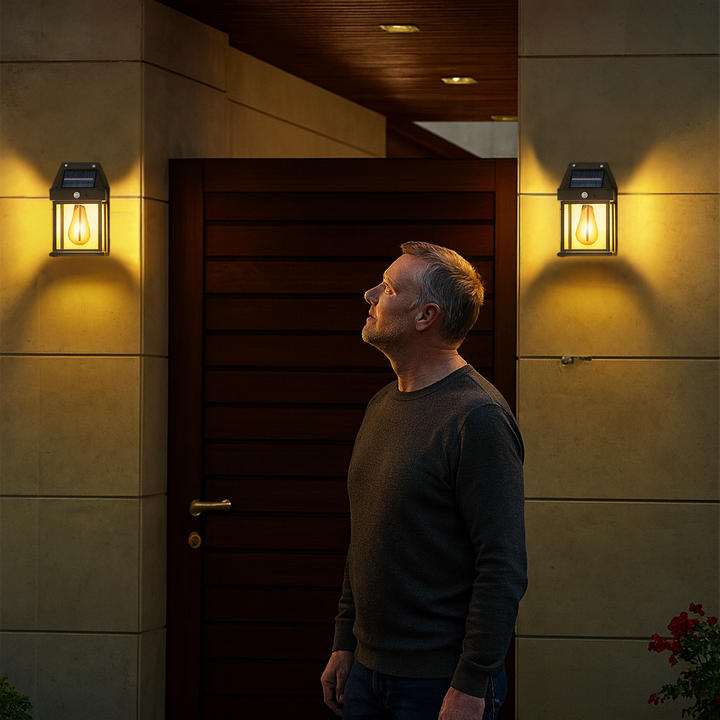 Energibesparende LED solcellelampe til udendørs brug, oplades af solenergi.