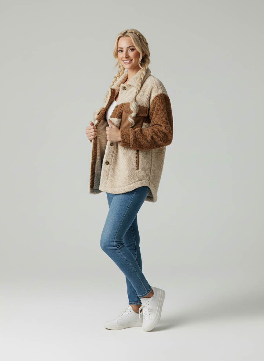 Stilfuld oversize overgangsjakke til damer, med markante brystlommer og casual design.