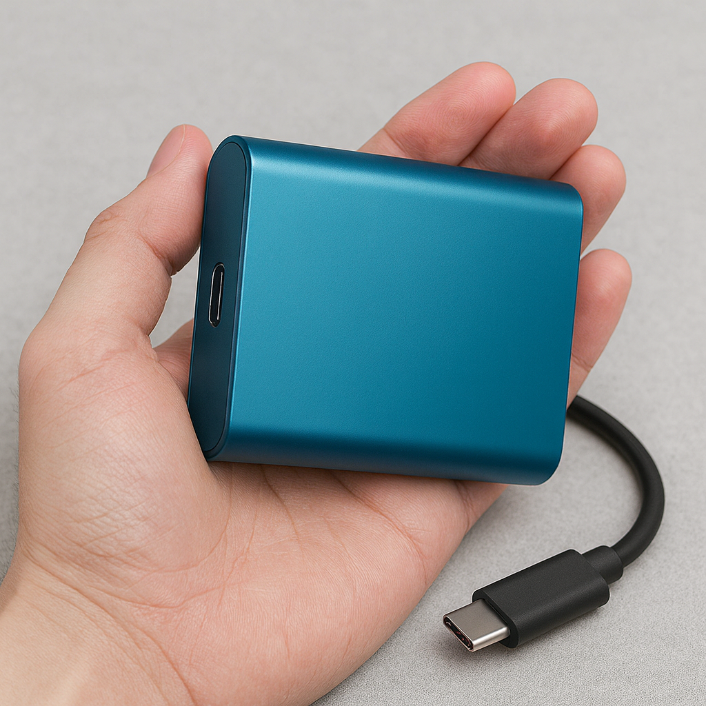 Kompakt ekstern SSD drive for lynhurtig backup og mobil datalagring på farten.