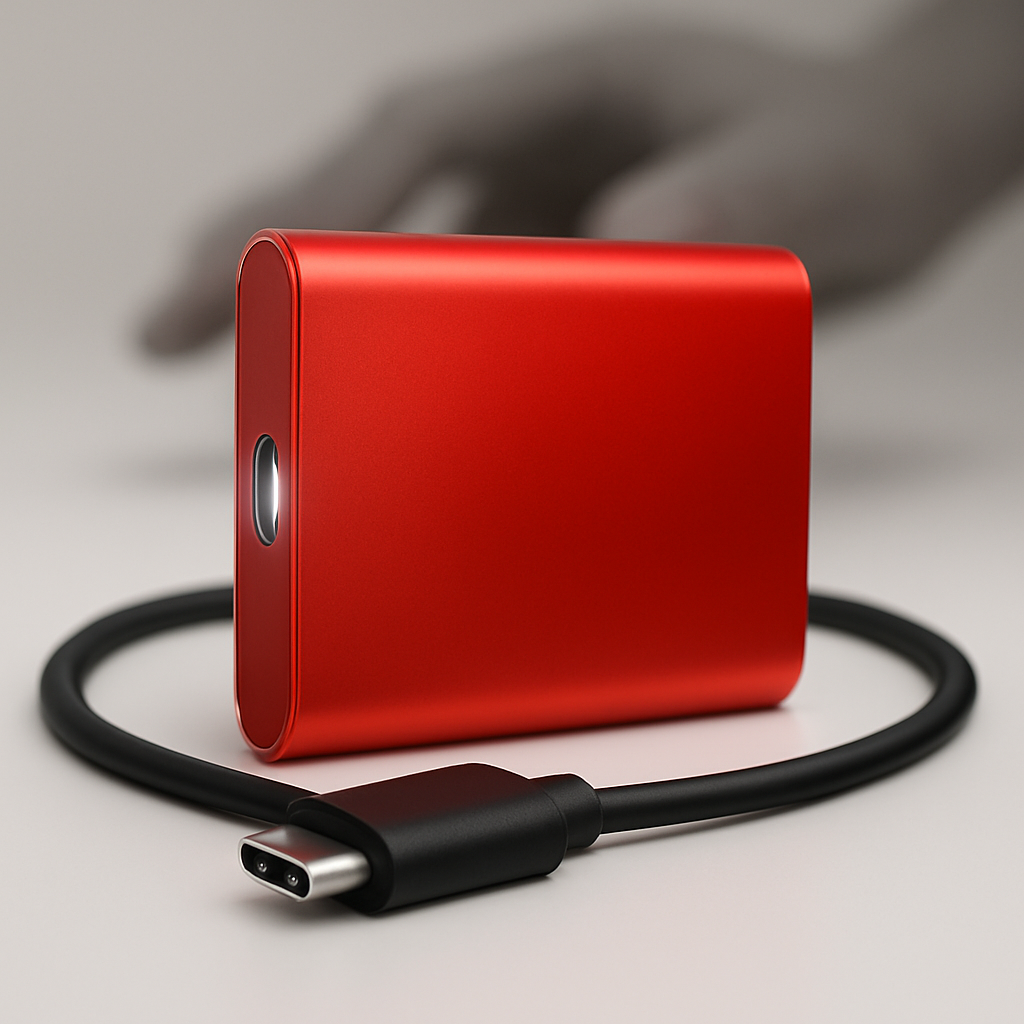 Elegant USB-C ekstern SSD til hurtig filoverførsel, perfekt for computer tilbehør.
