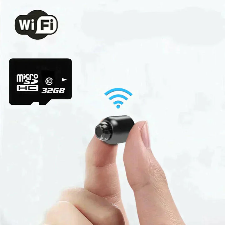 Ultrakompakt WiFi-overvågningskamera med 1080P HD, nattesyn og vidvinkelobjektiv, diskret og kompakt til indendørs brug.