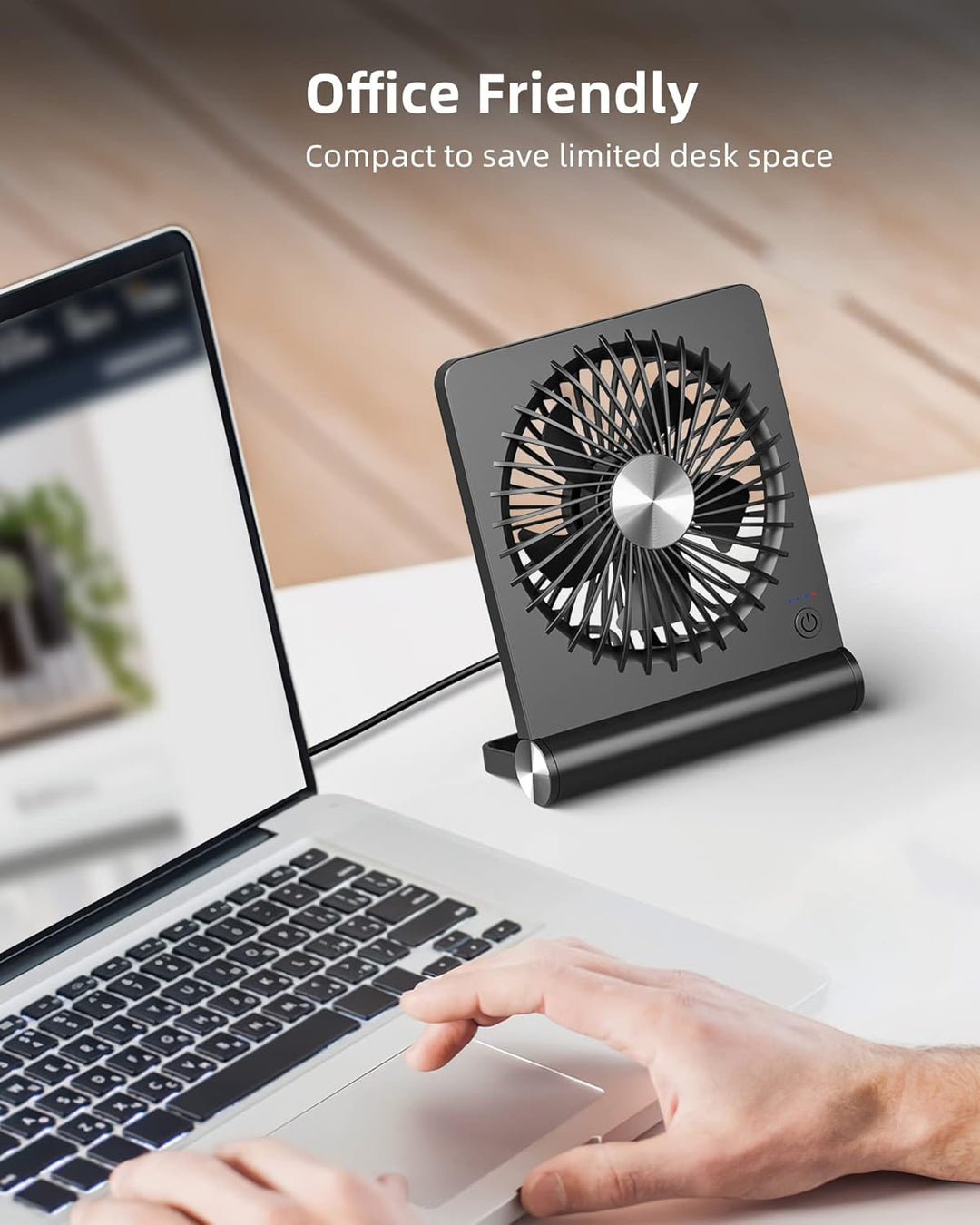 Ultrastøjsvag, kompakt bordventilator, minimalistisk design, perfekt til små rum, støjfri under 30 dB.