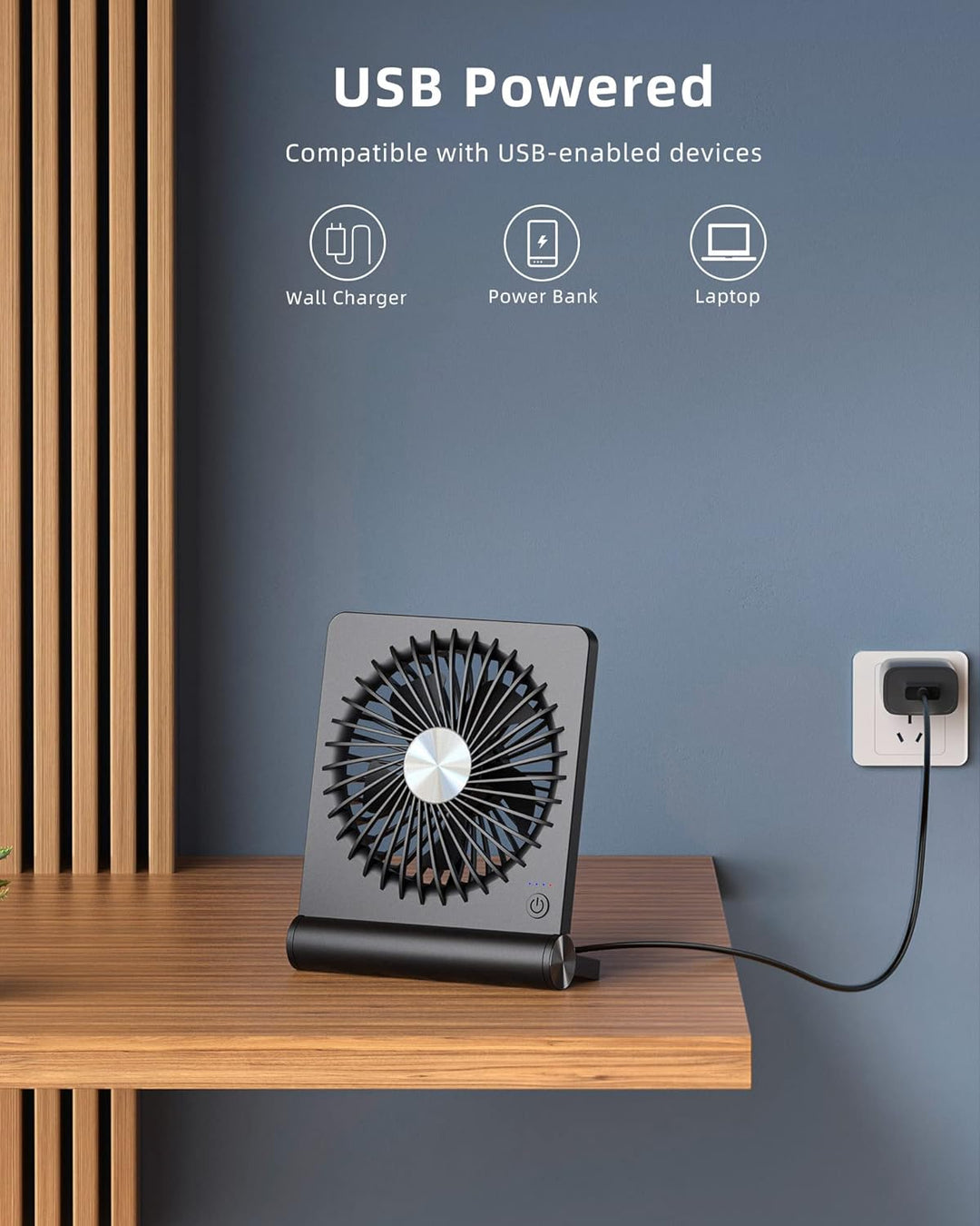 Ultrastøjsvag, kompakt bordventilator, minimalistisk design, perfekt til små rum, støjfri under 30 dB.