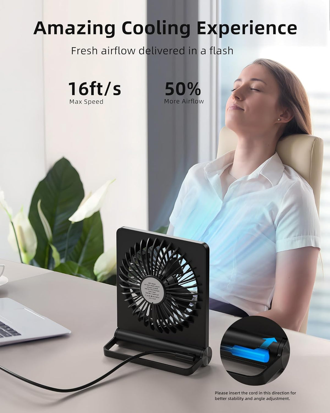 Ultrastøjsvag, kompakt bordventilator, minimalistisk design, perfekt til små rum, støjfri under 30 dB.