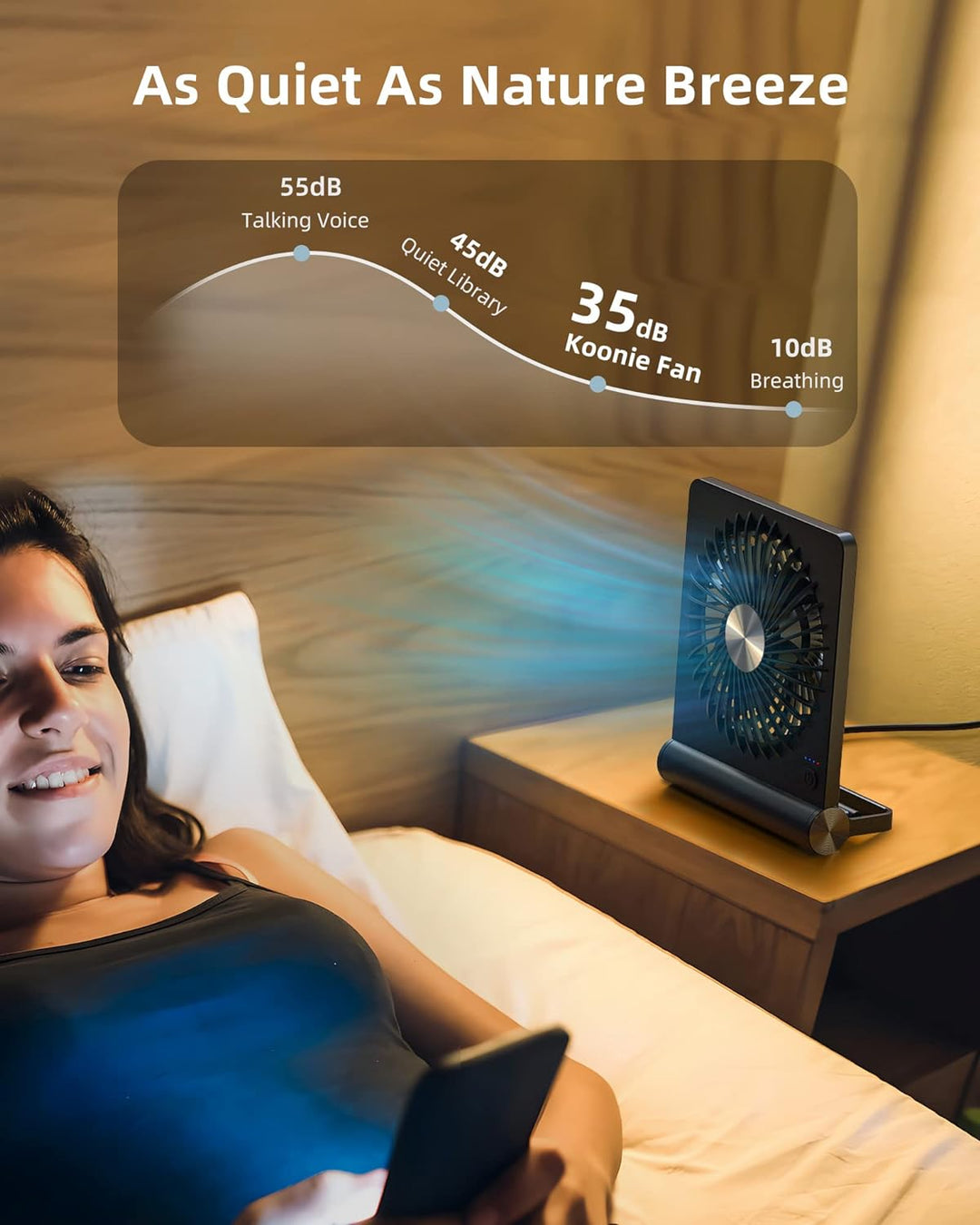 Ultrastøjsvag, kompakt bordventilator, minimalistisk design, perfekt til små rum, støjfri under 30 dB.