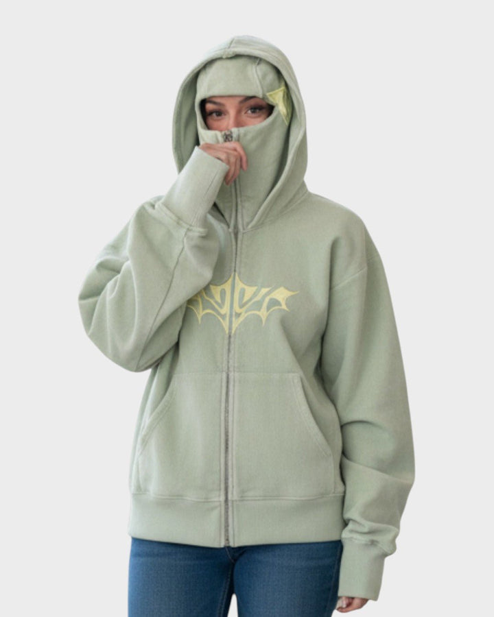 Unisex balaklava hættetrøje i fleece med fuld lynlås i lyseblå, varm og åndbar til udendørs brug.