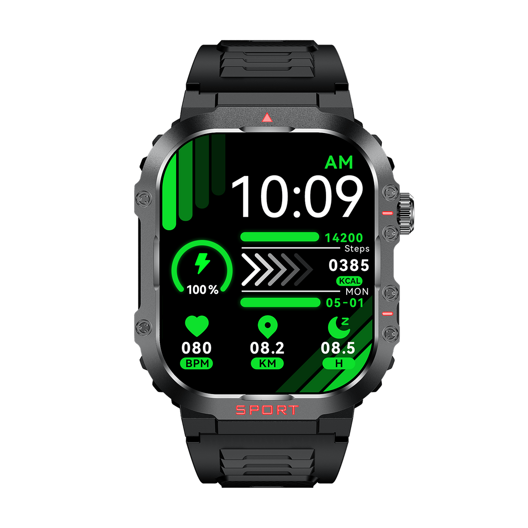 Unisex FitGluco smartwatch med glukosemåler, pulsmåler, blodtryk, og aktivitetsmåler. Vandtæt fitnessur.