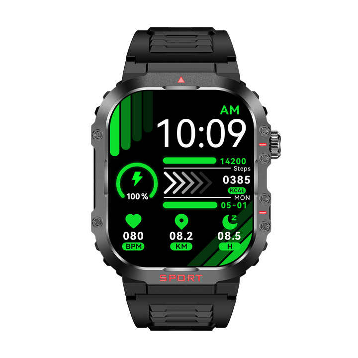Unisex FitGluco smartwatch med glukosemåler, pulsmåler, blodtryk, og aktivitetsmåler. Vandtæt fitnessur.