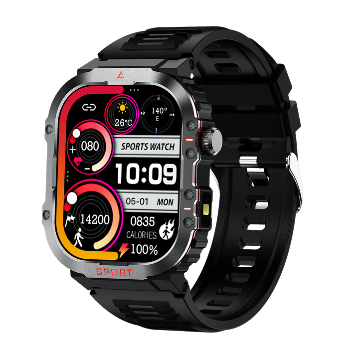 Elegant FitGluco smartwatch i sort design, måler sukker, puls, blodtryk og søvn. Perfekt sundhedsur til hverdag.