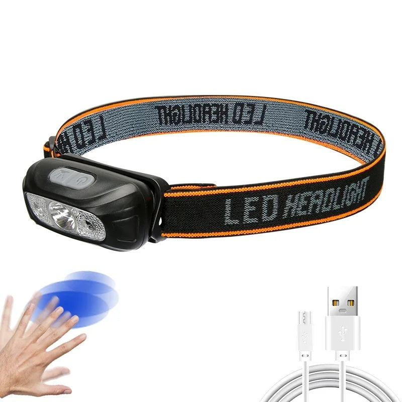 Unisex genopladelig LED pandelampe med sensor til håndfri brug udendørs.
