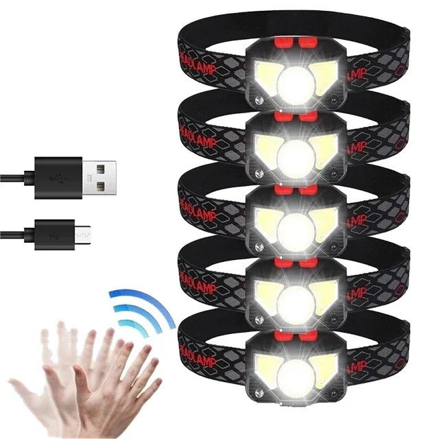 Komplet sæt: Genopladelig LED pandelampe med sensor, USB-kabel og justerbar hovedrem.