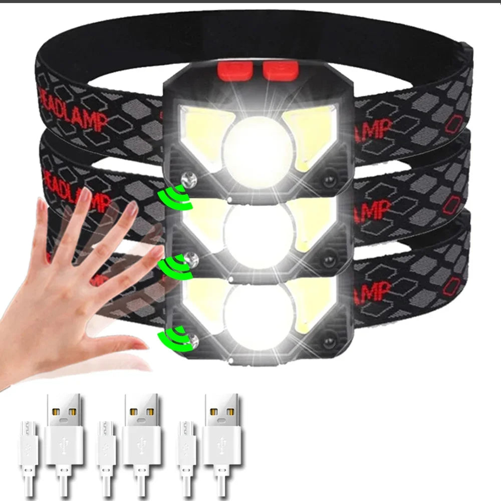 Alsidig LED pandelampe med sensor, velegnet til camping, fiskeri, cykling og nødsituationer.