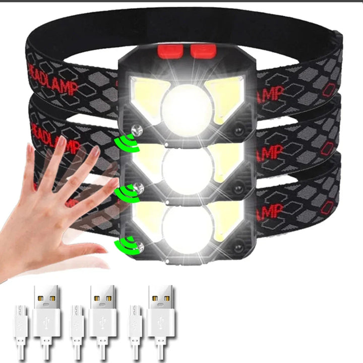 Alsidig LED pandelampe med sensor, velegnet til camping, fiskeri, cykling og nødsituationer.
