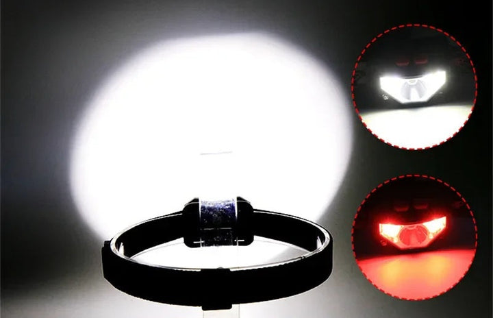 Kraftig genopladelig LED pandelampe med bevægelsessensor for nem udendørs betjening.