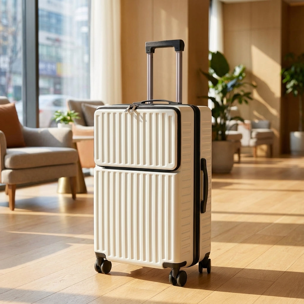 Unisex letvægts spinnerkuffert med praktisk frontlomme. Perfekt håndbagage og rejsekuffert til nem adgang.