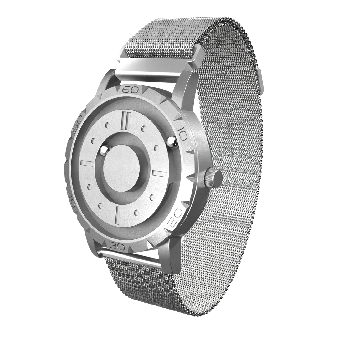 Innovativt magnetisk kugleur med en unik tidsvisning. Et moderne unisex armbåndsur i stilrent design.
