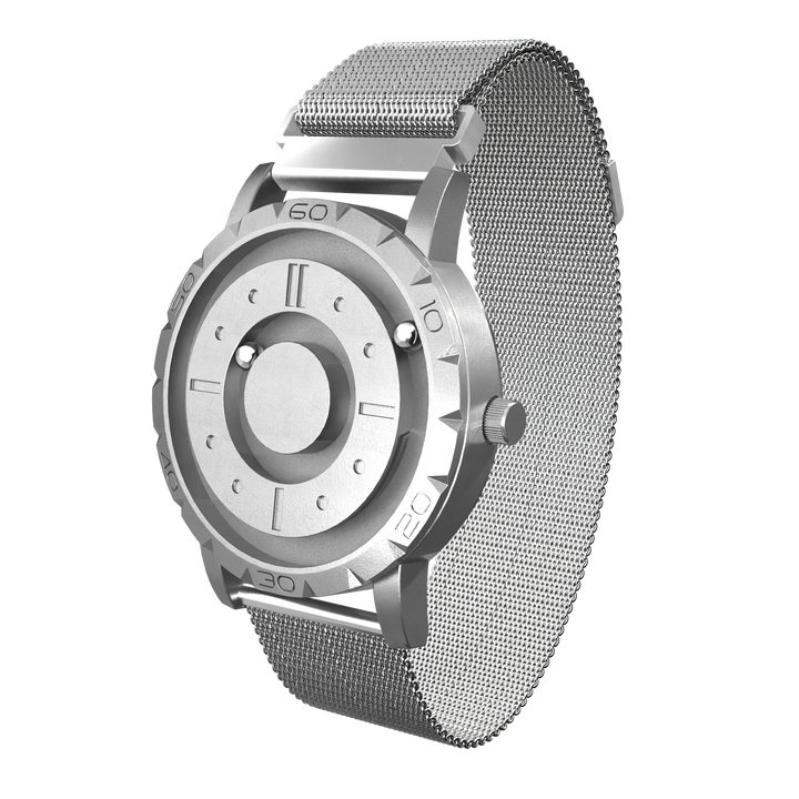 Innovativt magnetisk kugleur med en unik tidsvisning. Et moderne unisex armbåndsur i stilrent design.