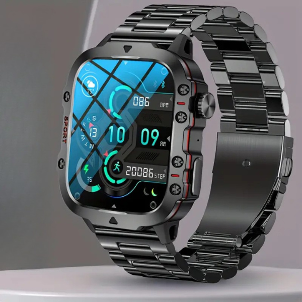 Klart digitalt display på MoveSync smartwatch viser letlæselige trænings- og sundhedsdata i høj opløsning.