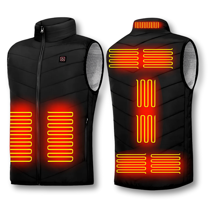 Unisex opvarmet termovest i sort, perfekt til koldt vejr og outdoor aktiviteter med justerbar varme.