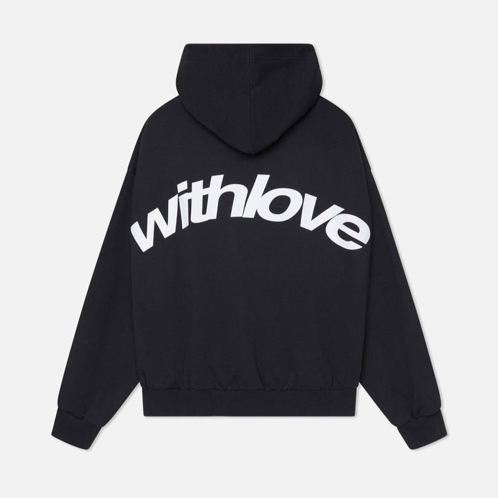 Alsidig oversized hættetrøje med 'With Love'-print, ideel som dame hoodie eller unisex overdel.