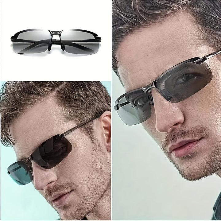Stilfulde unisex autotint solbriller med polariserede glas. Perfekt til øjenbeskyttelse mod genskin og UV udendørs.