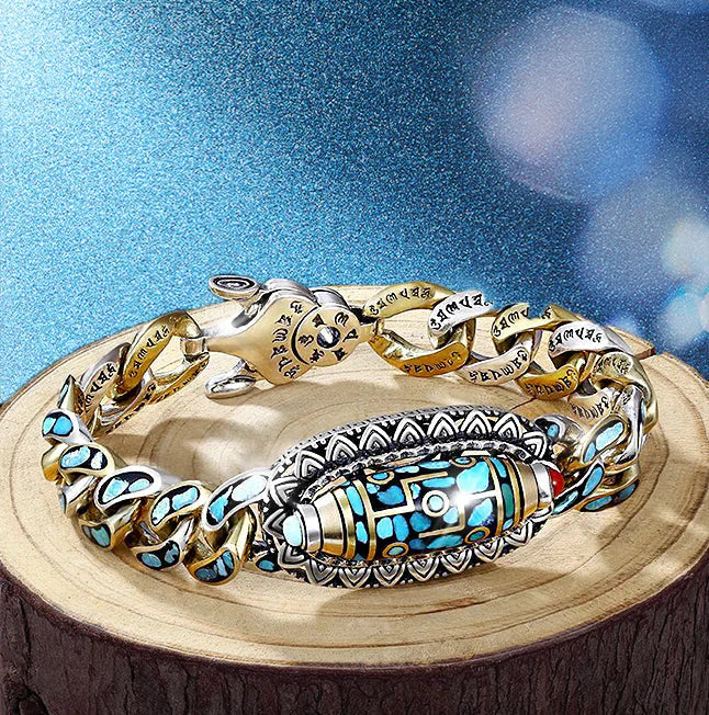 Fredfyldt unisex armbånd med turkis & Dzi-perle, symboliserer klarhed, energi & beskyttelse.