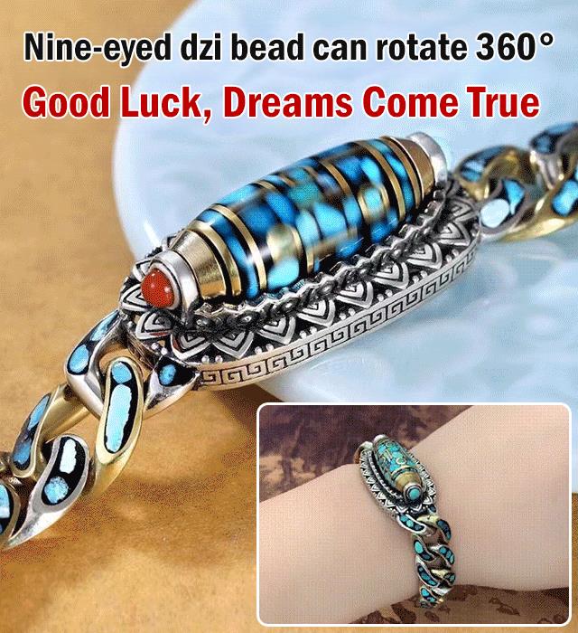 Elegant unisex armbånd med turkisperler, Dzi-perle & indgraveret mantra for beskyttelse.