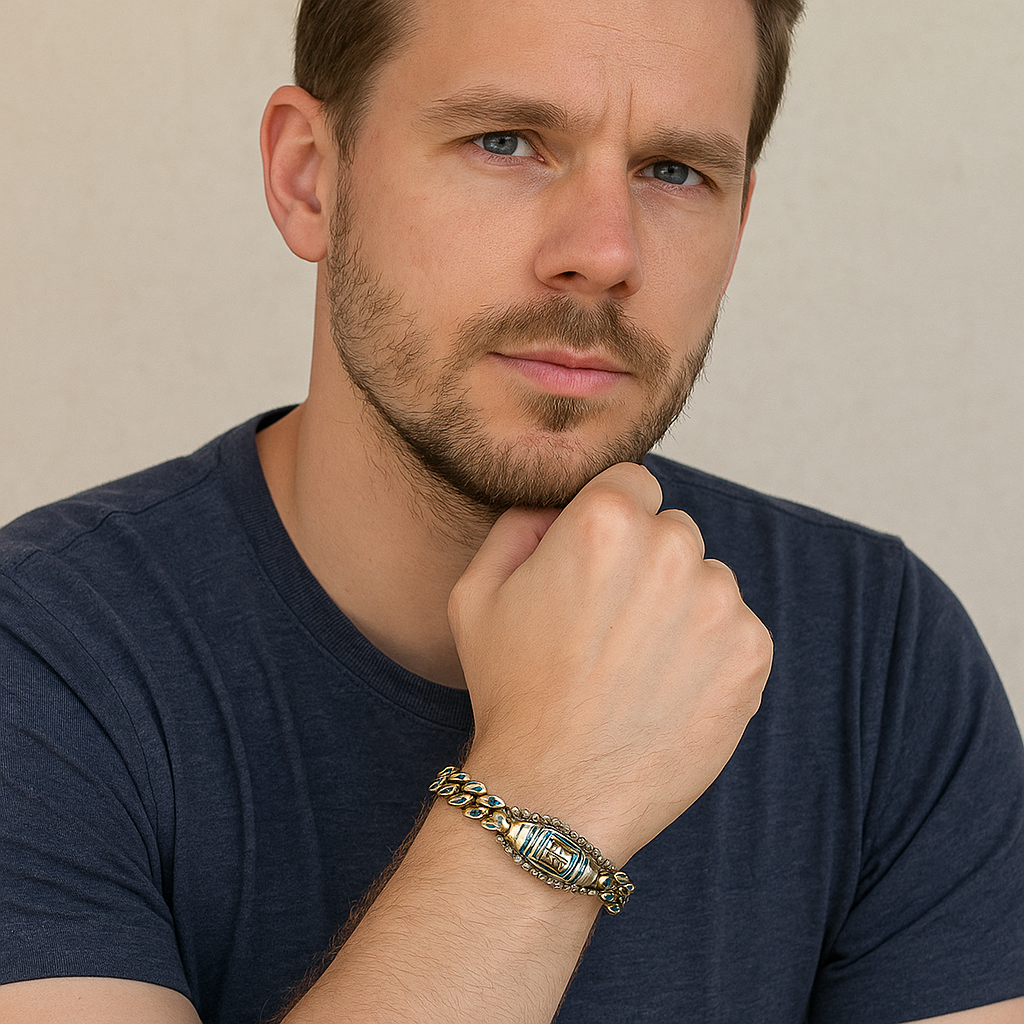 RadiantAura armbånd: Turkis & Dzi-perle, unisex. Fremmer klarhed, beskyttelse & åndelig energi.