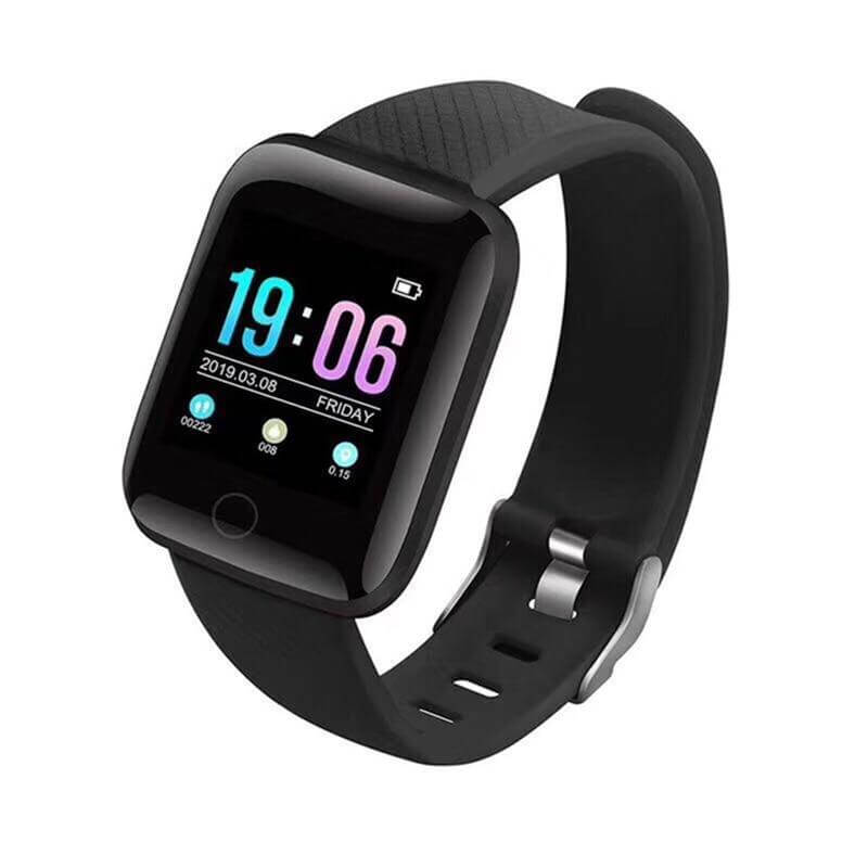 Klar display viser skridttæller og forbrændte kalorier. Unisex smart tracker til daglig aktivitet.