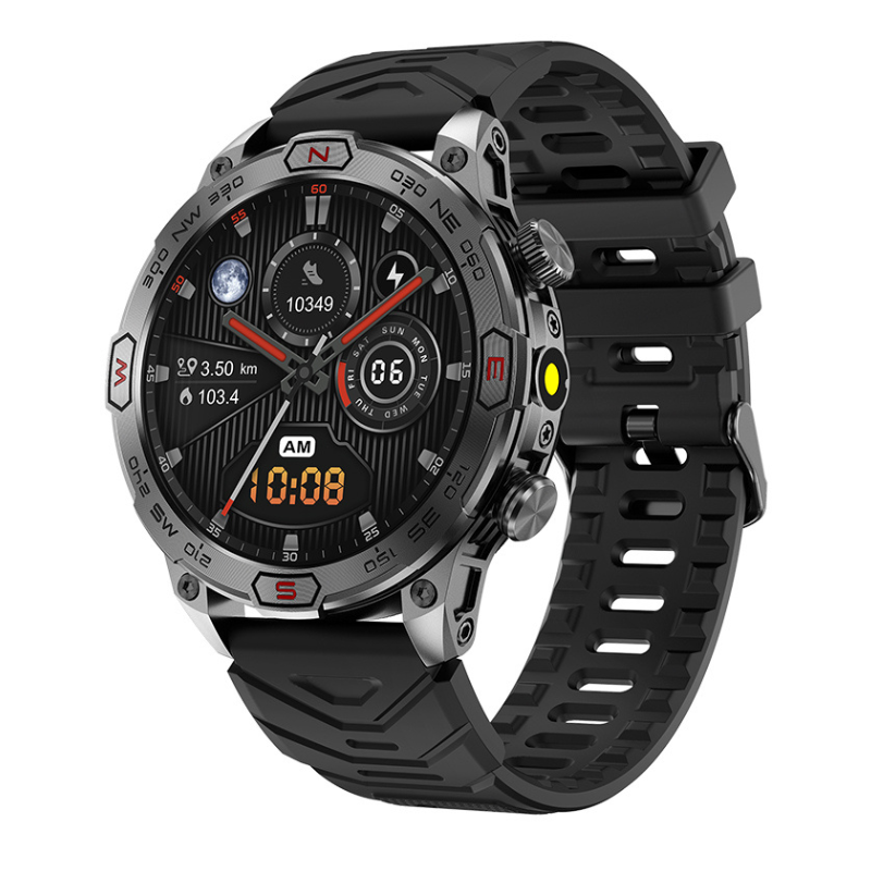 Unisex smartwatch med sort rem, perfekt til fitness, sundhedsovervågning og opkald. Elegant og funktionelt ur.