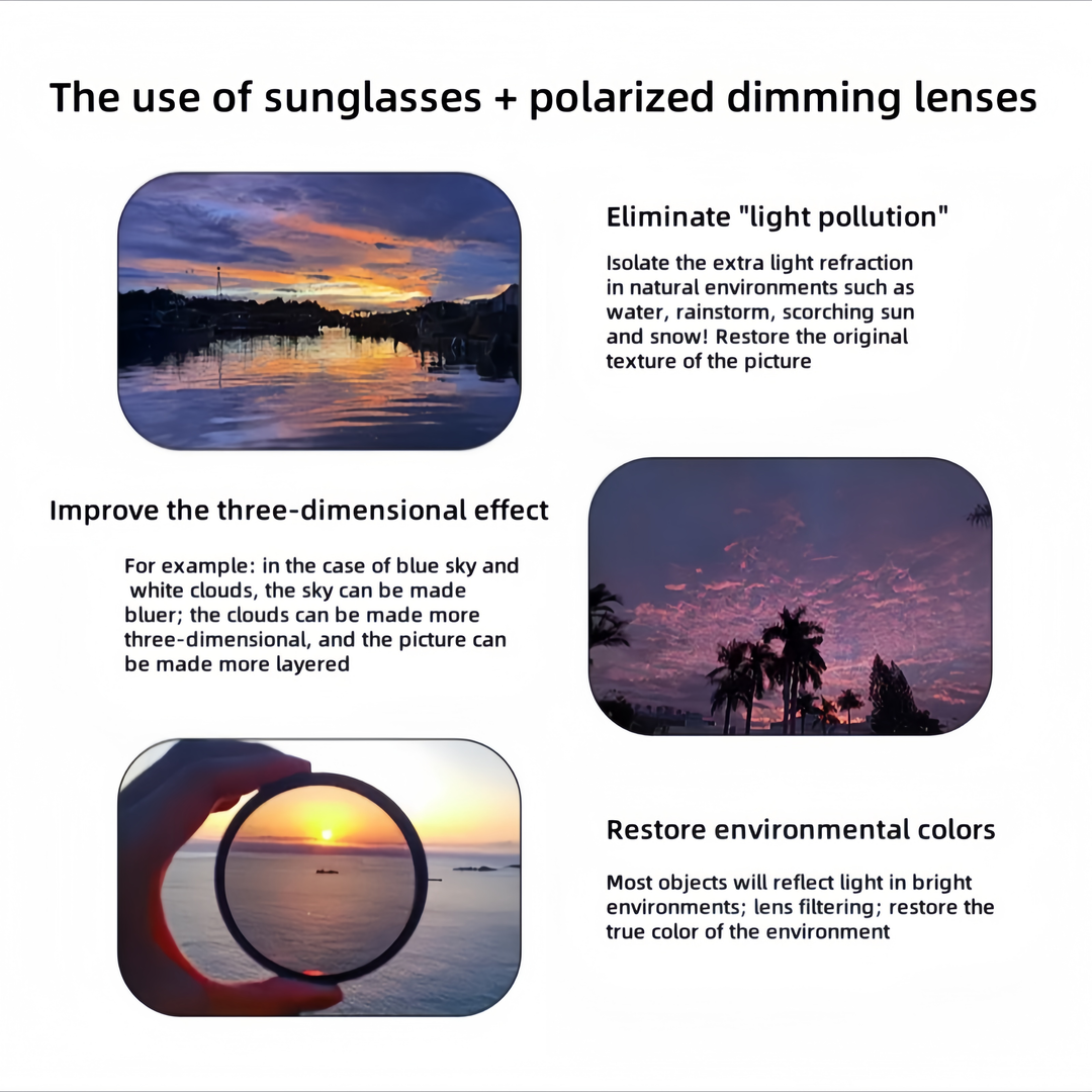 Solbriller med ND9 filter og justerbar polarisering, optimeret for klarhed, kontrast og fuld UV-beskyttelse.