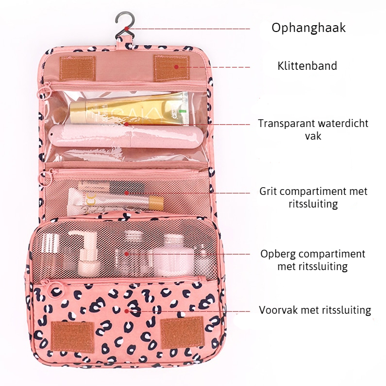 Sort vandafvisende organizer rejsetaske med krog, ideel til badeværelse.
