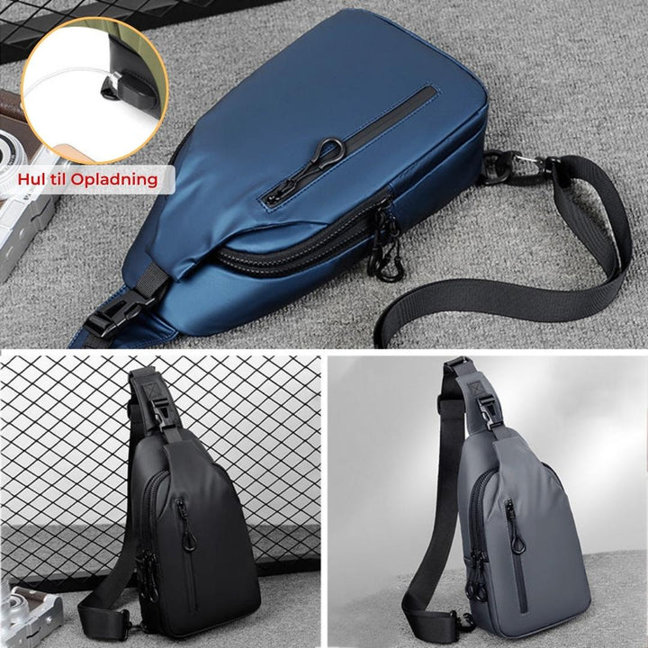 Multifunktionel crossbody taske, vandtæt design og praktisk USB-opladningsfunktion.